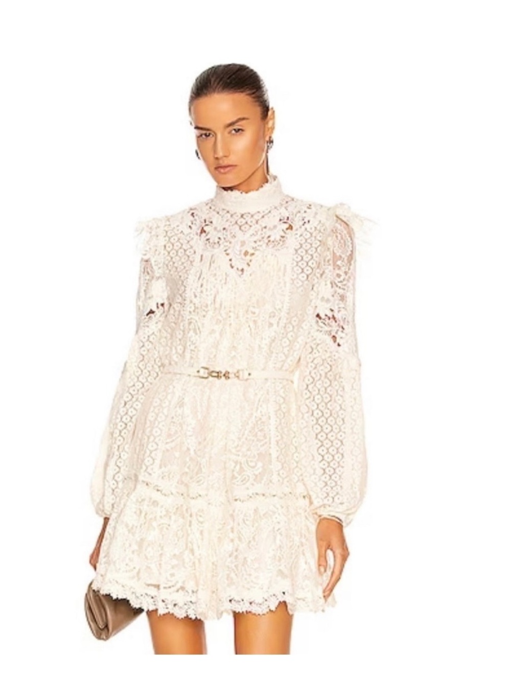 Zimmermann Ivory Lace High-Neck Dress with slip and belt